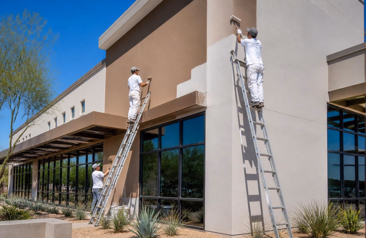 Professional painters on ladders applying fresh paint to a modern commercial building exterior