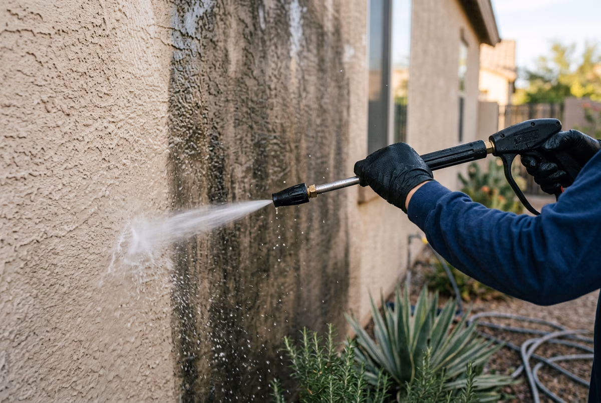 Gloved hand pressure washing an Arizona stucco home exterior with a professional spray wand