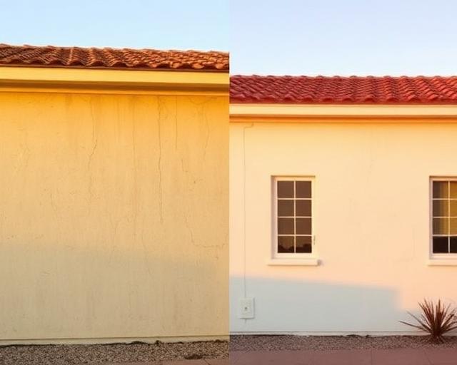 Before and after of an Arizona house exterior showing a fresh professional repaint