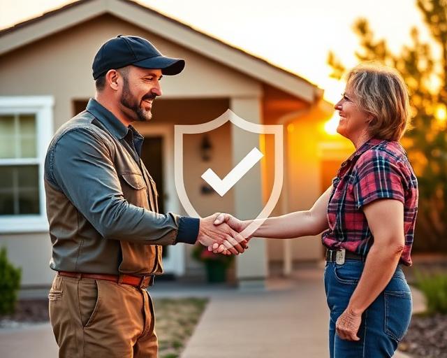 Professional painter shaking hands with a homeowner in front of a freshly painted house with a verified shield badge